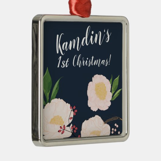 Gepersonaliseerde witte bloemen op donkerblauw metalen ornament (Rechts)