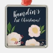 Gepersonaliseerde witte bloemen op donkerblauw metalen ornament (Voorkant)