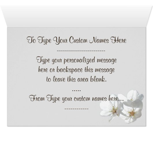 Gepersonaliseerde witte bloesem Kaart bruiloft Kaa (Binenzijde Horizontaal (Onderkant))
