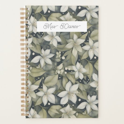 Gepersonaliseerde witte bloesems op Sage Calender Planner (Voorkant)