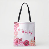 Gepersonaliseerde Witte Canvas tas - Roze pioen (Voorkant)