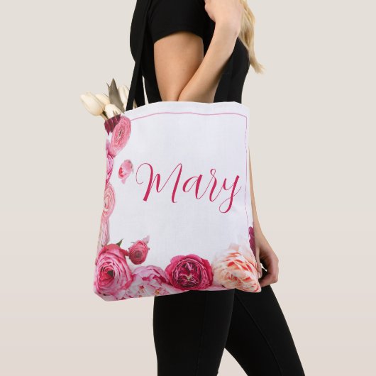 Gepersonaliseerde Witte Canvas tas - Roze pioen (Dichtbij)