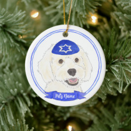 Gepersonaliseerde Witte Doodle Hond Chanoeka Keramisch Ornament