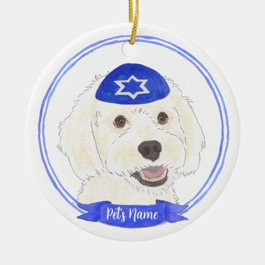 Gepersonaliseerde Witte Doodle Hond Chanoeka Keramisch Ornament (Voorkant)