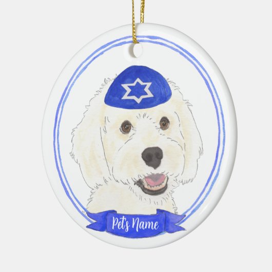 Gepersonaliseerde Witte Doodle Hond Chanoeka Keramisch Ornament (Links)