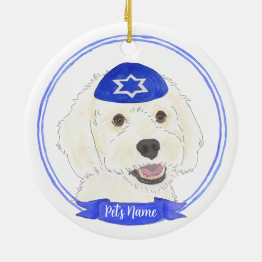 Gepersonaliseerde Witte Doodle Hond Chanoeka Keramisch Ornament (Achterkant)