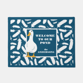 Gepersonaliseerde witte eend en veren Navy Blue Deurmat