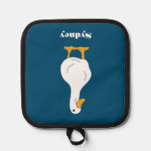 Gepersonaliseerde witte eend illustratie op blauw pannenlap (Voorkant)