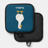 Gepersonaliseerde witte eend illustratie op blauw pannenlap (Voorkant / Achterkant)