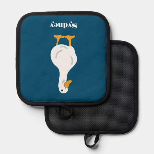 Gepersonaliseerde witte eend illustratie op blauw pannenlap (Voorkant / Achterkant)