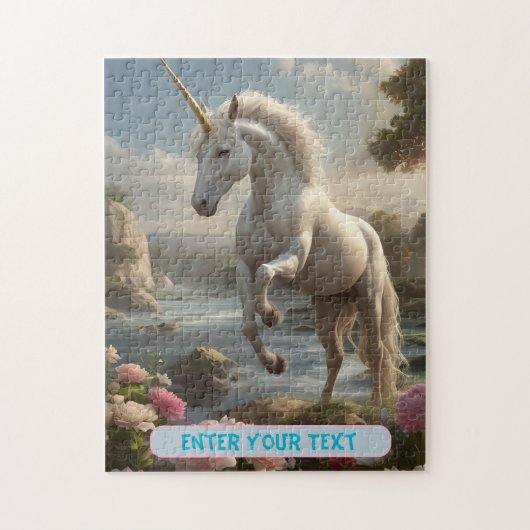 Gepersonaliseerde Witte Eenhoorn Bloemstroom Legpuzzel (Verticaal)