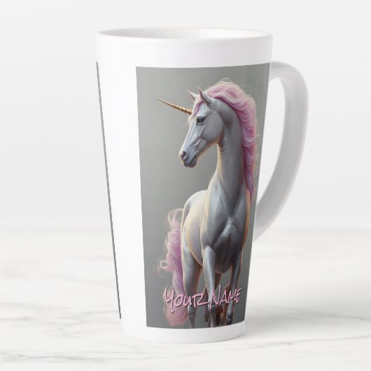 Gepersonaliseerde witte eenhoorn met roze manen latte mok (Rechterhoek)
