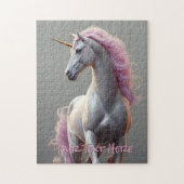 Gepersonaliseerde witte eenhoorn met roze manen legpuzzel (Verticaal)