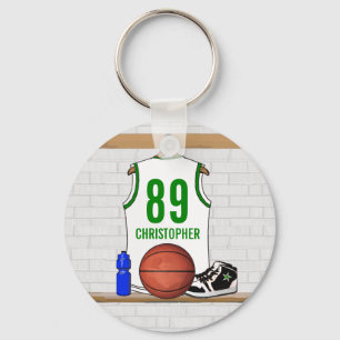 Gepersonaliseerde witte en groene Basketball Jerse Sleutelhanger