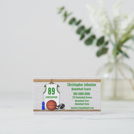 Gepersonaliseerde witte en groene Basketball Jerse Visitekaartje (Staand voorkant)