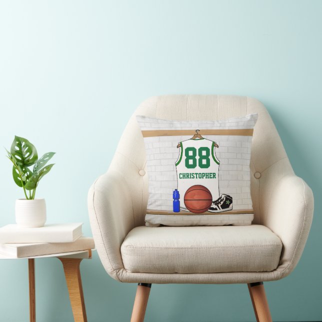 Gepersonaliseerde witte en groene basketbaltrui kussen (Stoel)