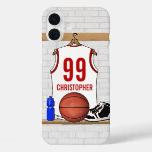 Gepersonaliseerde witte en rode Basketball Jersey iPhone 16 Plus Hoesje