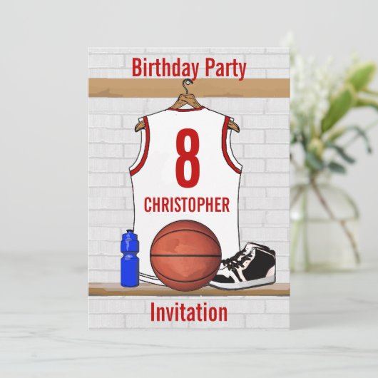 Gepersonaliseerde witte en rode Basketball Jersey Kaart (Staand voorkant)