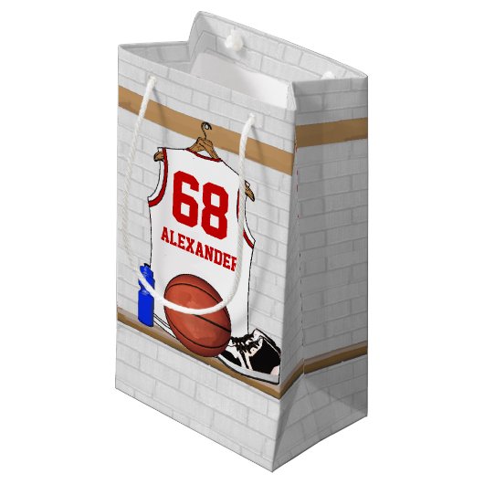 Gepersonaliseerde witte en rode Basketball Jersey Klein Cadeauzakje (Voorkant Gekanteld)