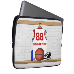 Gepersonaliseerde witte en rode Basketball Jersey Laptop Sleeve