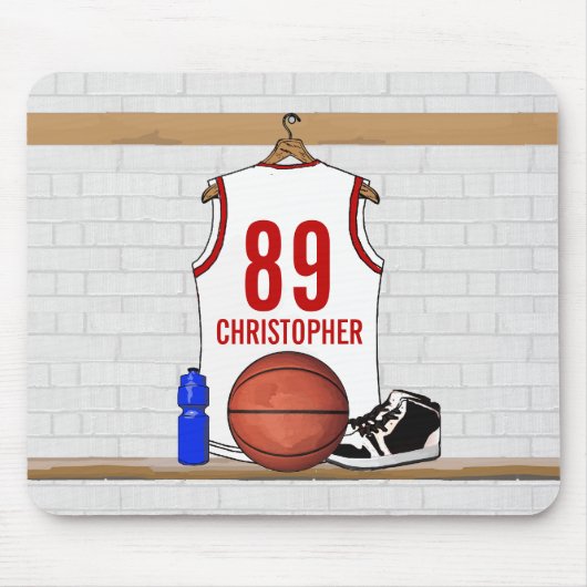 Gepersonaliseerde witte en rode Basketball Jersey Muismat (Voorkant)