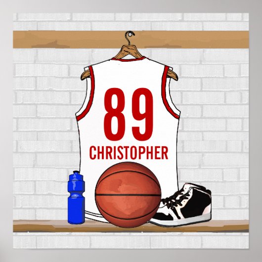 Gepersonaliseerde witte en rode Basketball Jersey Poster (Voorkant)