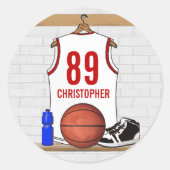Gepersonaliseerde witte en rode Basketball Jersey Ronde Sticker (Voorkant)