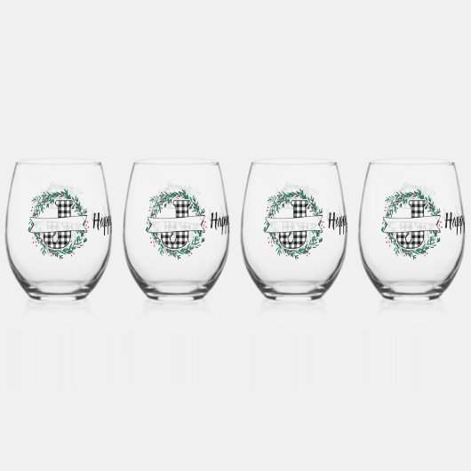 Gepersonaliseerde witte en zwarte Buffalo Plaid (J Wijnglas Zonder Voet (Voorkant)