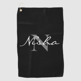Gepersonaliseerde witte grijze monogram naam zwart golfhanddoek