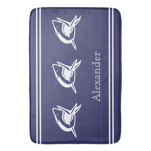 Gepersonaliseerde witte haai op blauwe achtergrond badmat (Voorkant Verticaal)