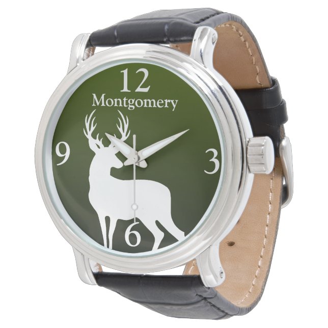Gepersonaliseerde witte herten Buck Green Mannen Horloge (Gekanteld)