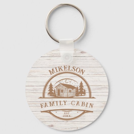 Gepersonaliseerde witte houten familie cabine sleutelhanger (Voorkant)