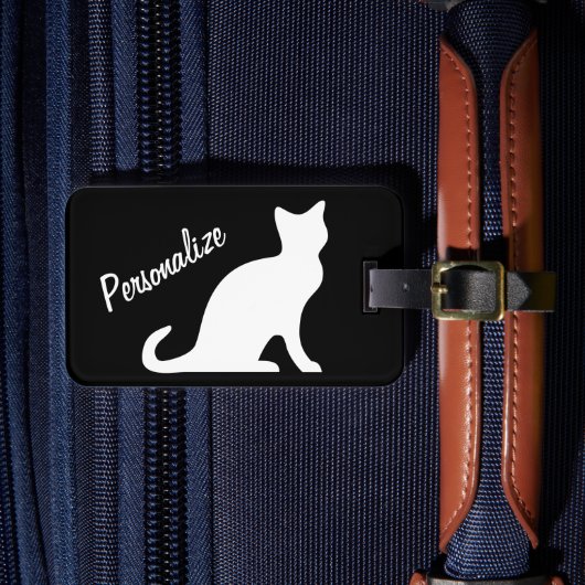 Gepersonaliseerde witte kat silhouet bagagelabel (Voorkant Insitu 4)