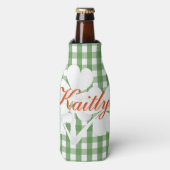 Gepersonaliseerde Witte Kleuren Groene Gingham Blikjeskoeler (Fles Voorkant)