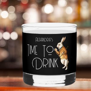 Gepersonaliseerde witte konijn tijd om te Drinken Whisky Glas
