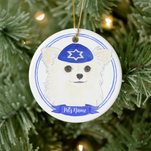 Gepersonaliseerde witte langharige Chihuahua Chano Keramisch Ornament (Boom)