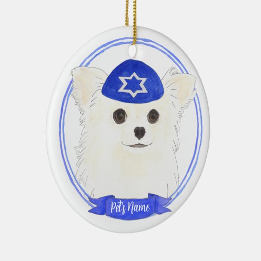 Gepersonaliseerde witte langharige Chihuahua Chano Keramisch Ornament (Rechts)