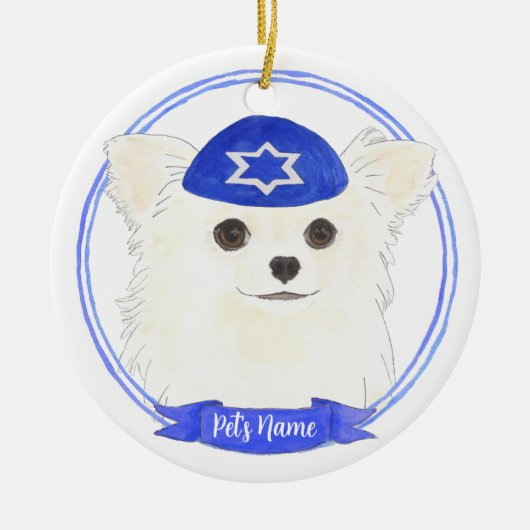Gepersonaliseerde witte langharige Chihuahua Chano Keramisch Ornament (Voorkant)