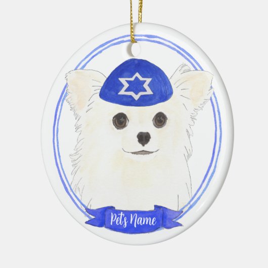 Gepersonaliseerde witte langharige Chihuahua Chano Keramisch Ornament (Links)