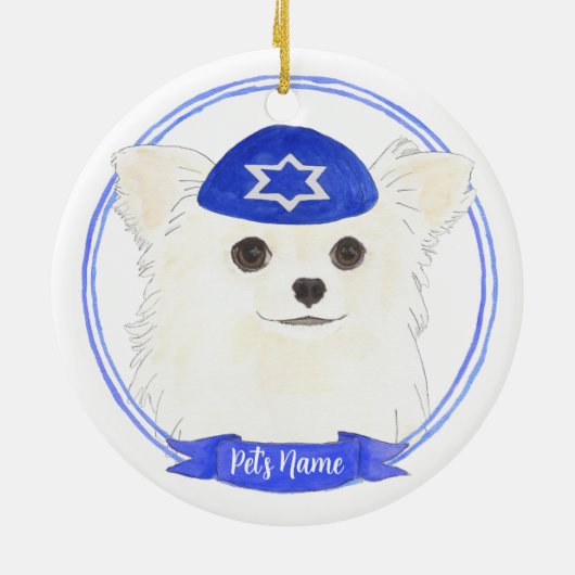 Gepersonaliseerde witte langharige Chihuahua Chano Keramisch Ornament (Achterkant)
