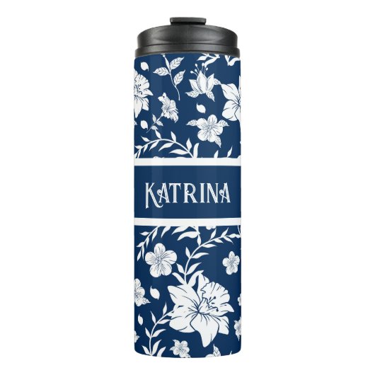Gepersonaliseerde witte marine bloemen decoratieve thermosbeker (Voorkant)