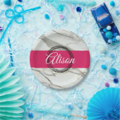 Gepersonaliseerde witte marmer roze fuchsia papieren bordje (Feest)