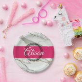 Gepersonaliseerde witte marmer roze fuchsia papieren bordje (Feest)