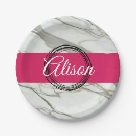 Gepersonaliseerde witte marmer roze fuchsia papieren bordje