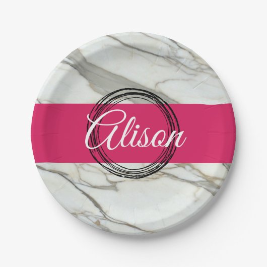 Gepersonaliseerde witte marmer roze fuchsia papieren bordje (Voorkant)