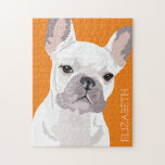 Gepersonaliseerde Witte Pet French Bulldog Legpuzzel<br><div class="desc">Gepersonaliseerde pop kunst franse bulldog puzzle met een schattige witte frenchie op een diepe oranje achtergrond die kan worden veranderd in elke kleur,  en jouw naam.</div>