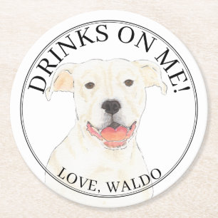 Gepersonaliseerde Witte Pitbull Staffy Hond Huweli Ronde Kartonnen Onderzetter
