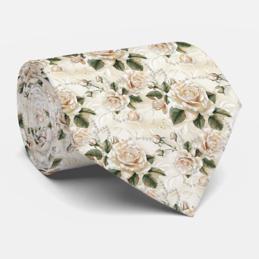 Gepersonaliseerde witte rozen en parels stropdas (Opgerold)