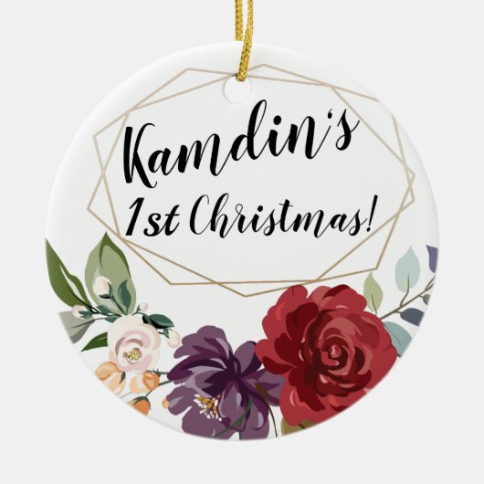 Gepersonaliseerde witte rozen gouden geometrische  keramisch ornament (Voorkant)