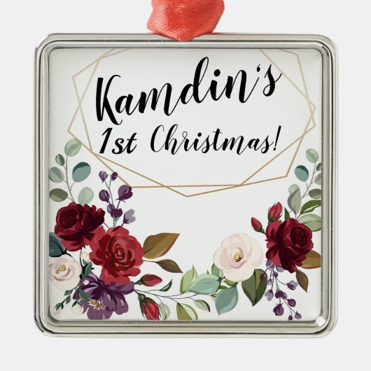 Gepersonaliseerde witte rozen gouden geometrische  metalen ornament (Voorkant)